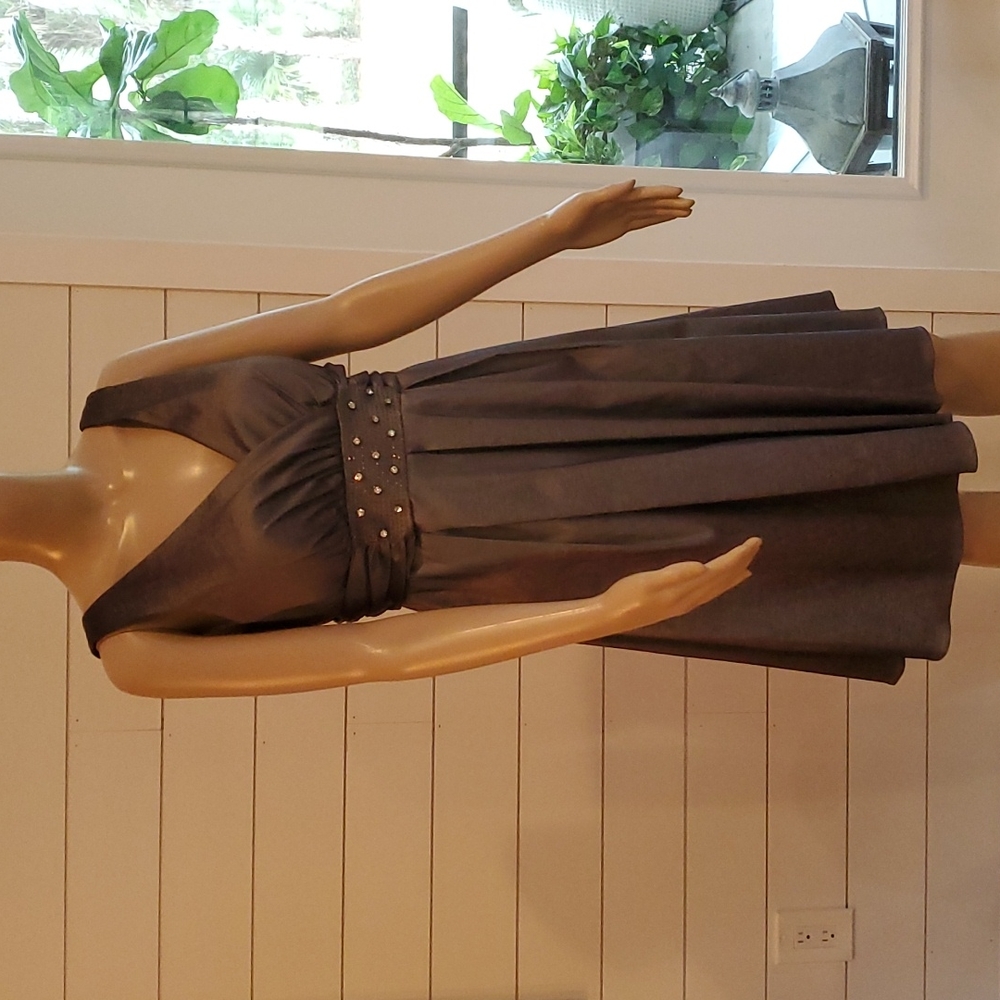 Party Dress sparkly fabric, rhinestones at waist size 12 vneck sleeveless.